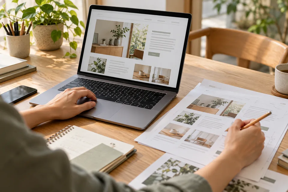 ノートPCのサイト表示と紙の原稿を見比べ、更新内容を確認する手元