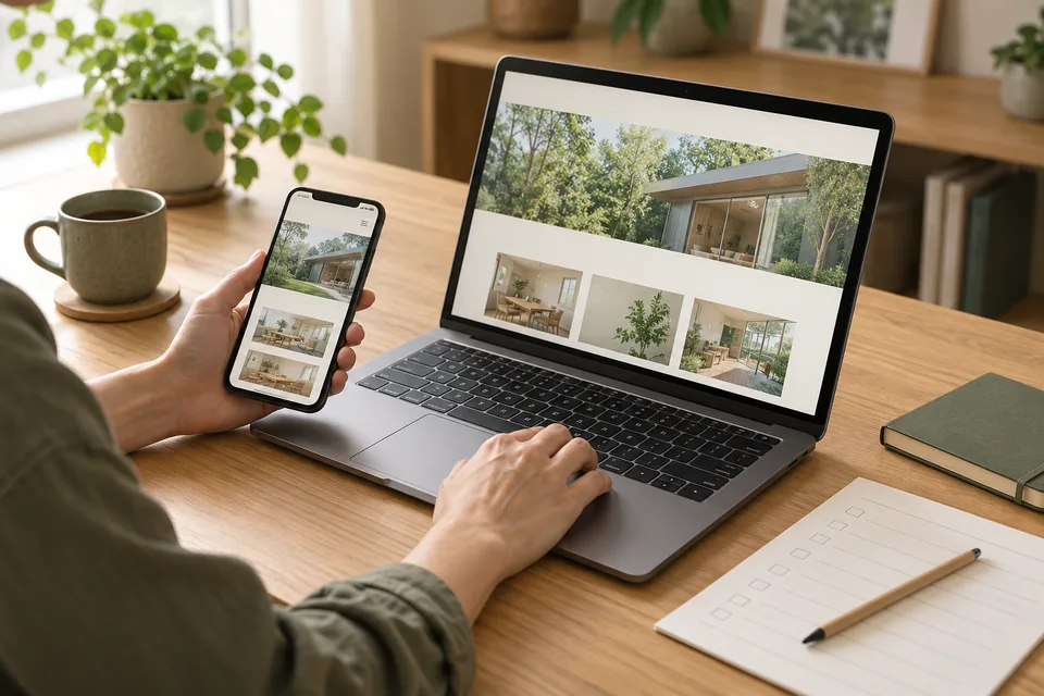 ノートPCとスマートフォンの表示を見比べ、移行後の確認項目を確かめる手元